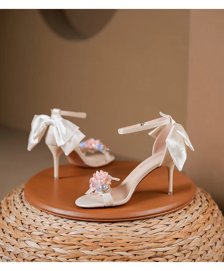 Floral Bow Ankle Strap Heels