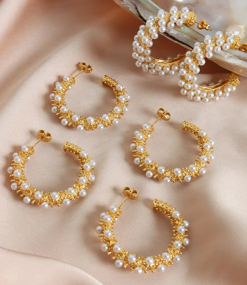 Pearl Cluster Hoop Earrings