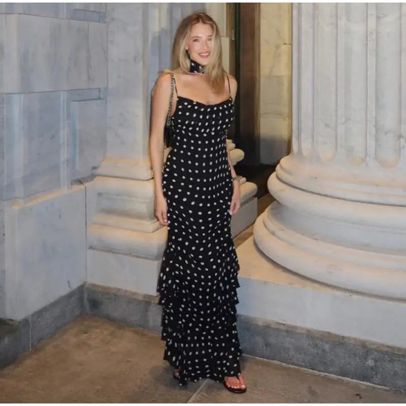 Midnight Polka Dot Ruffle Maxi Dress