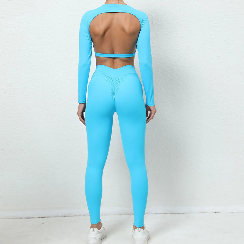 Open Back Long Sleeve & Ruched Leggings Set