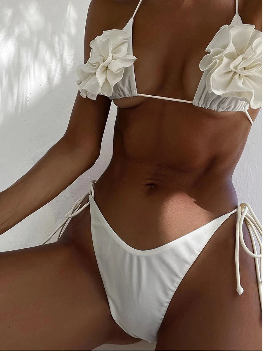 Floral Appliqué Strappy Bikini Set