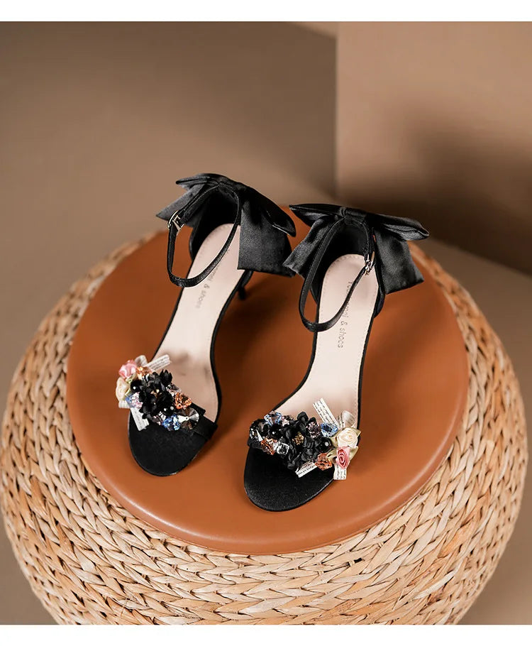 Floral Bow Ankle Strap Heels