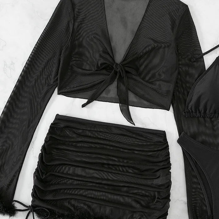 Sheer Feather Trim Bikini Cover-Up Set