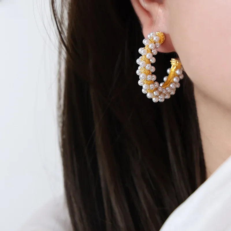Pearl Cluster Hoop Earrings
