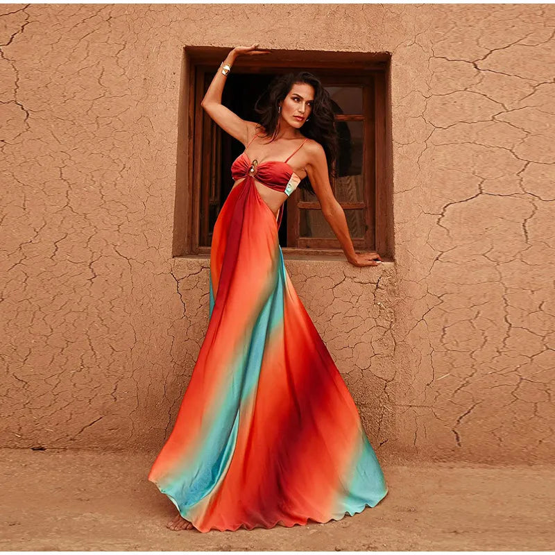 Elegant Halter Polka Dot Maxi Dress