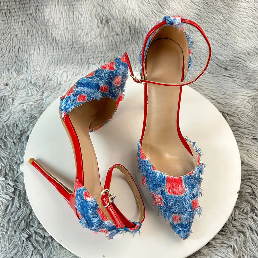 Denim Patchwork Stiletto Heels