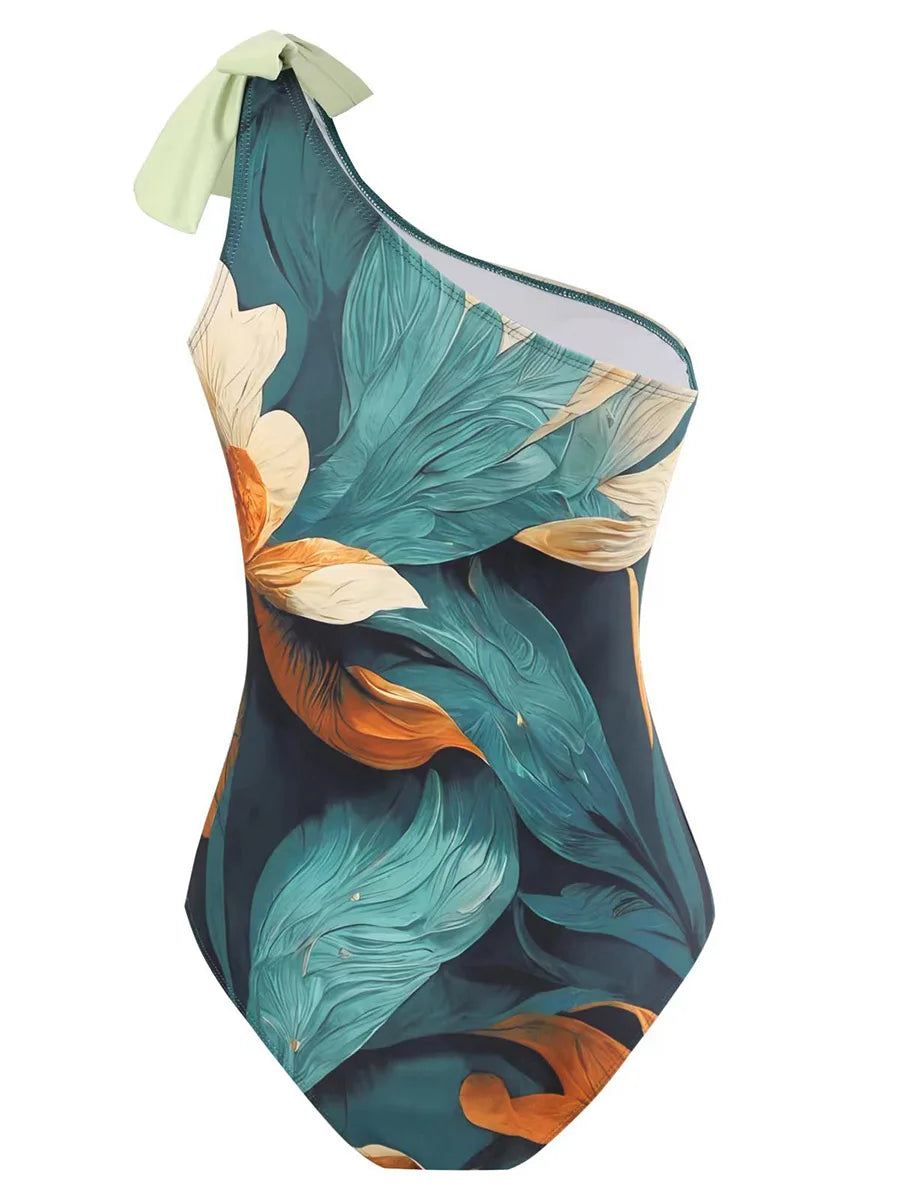 One-Shoulder Tropical Print Skirt Set