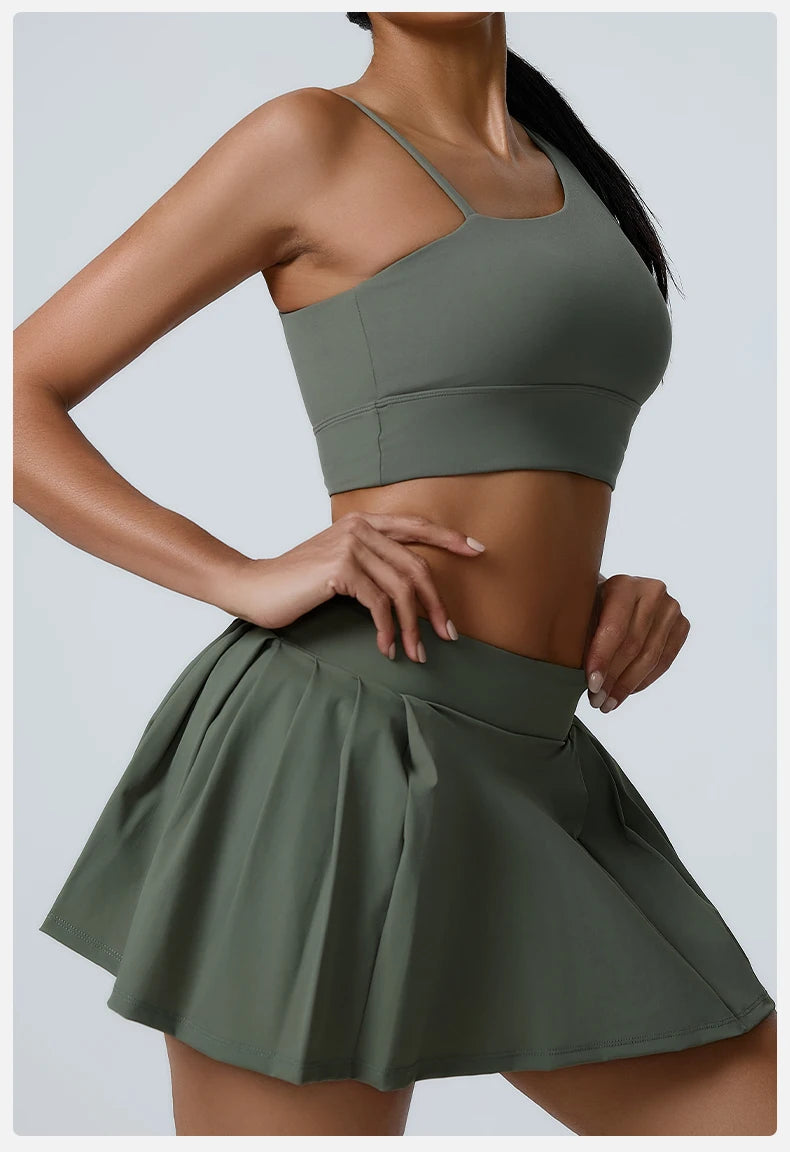 Asymmetric Sports Bra & Pleated Skirt Set