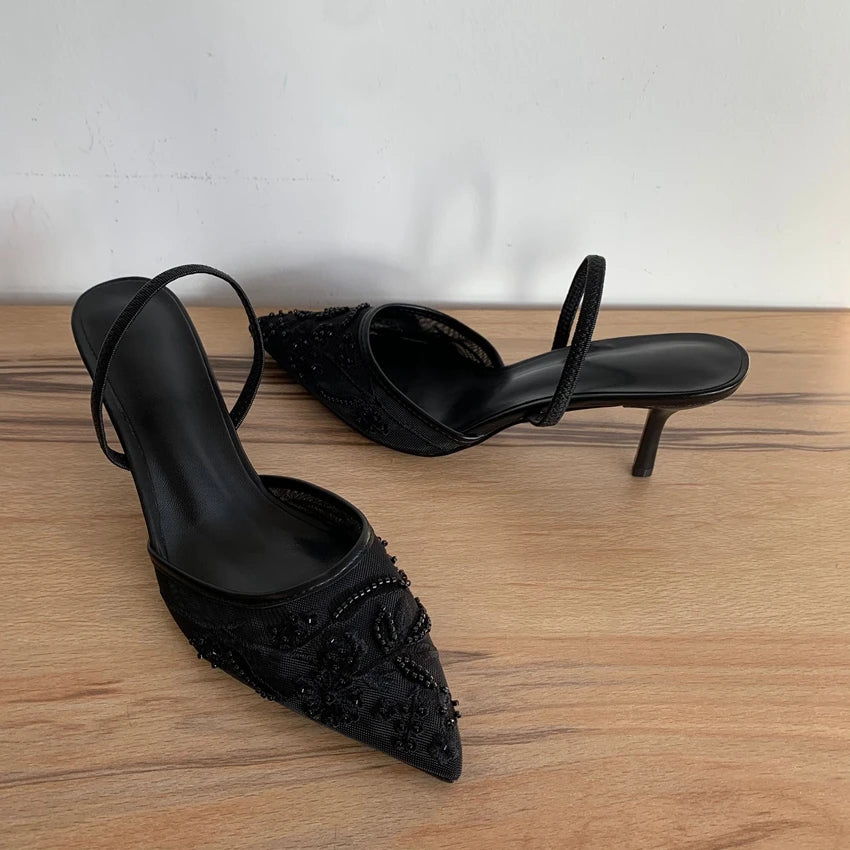 Embroidered Slingback Kitten Heels