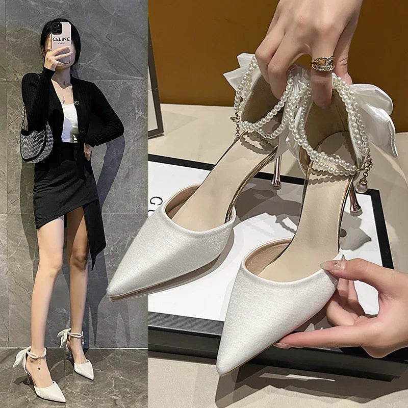 Satin Pearl Bow Stiletto Heels
