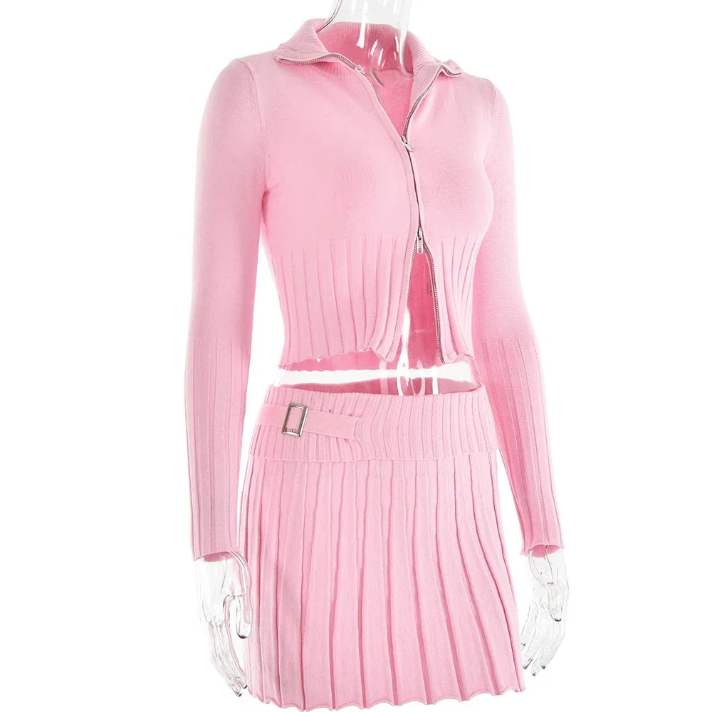 Ribbed Knit Zipper Top & Pleated Skirt Set