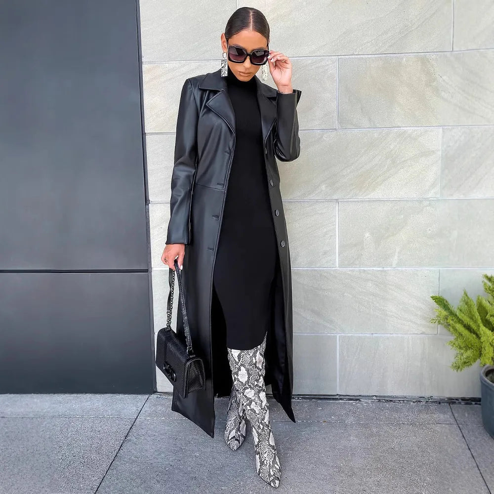 Chic Black Faux Leather Trench Coat
