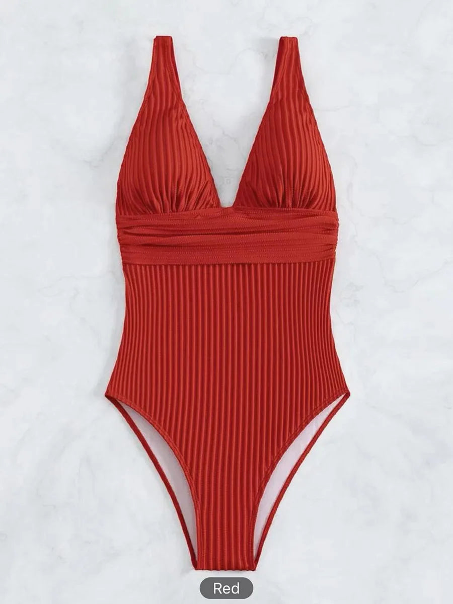 Ribbed V-Neck One-Piece Swimsuit