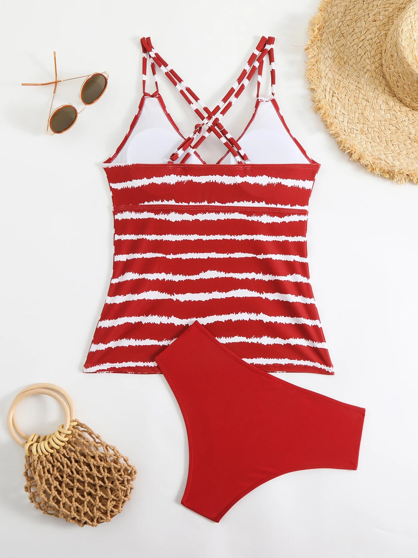Striped Tankini Set with Mid-Rise Bottoms