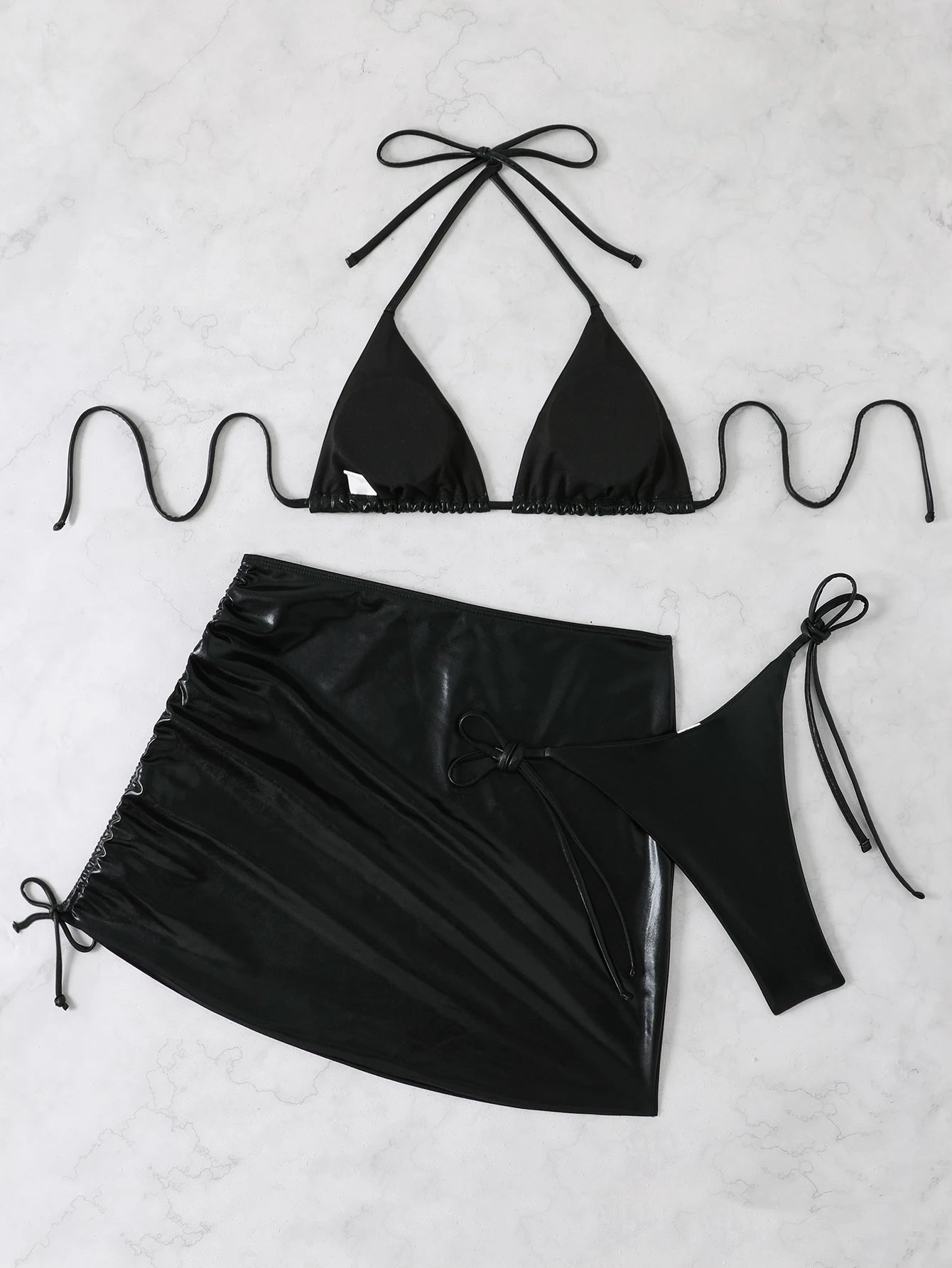 Glossy Triangle Bikini with Ruched Skirt