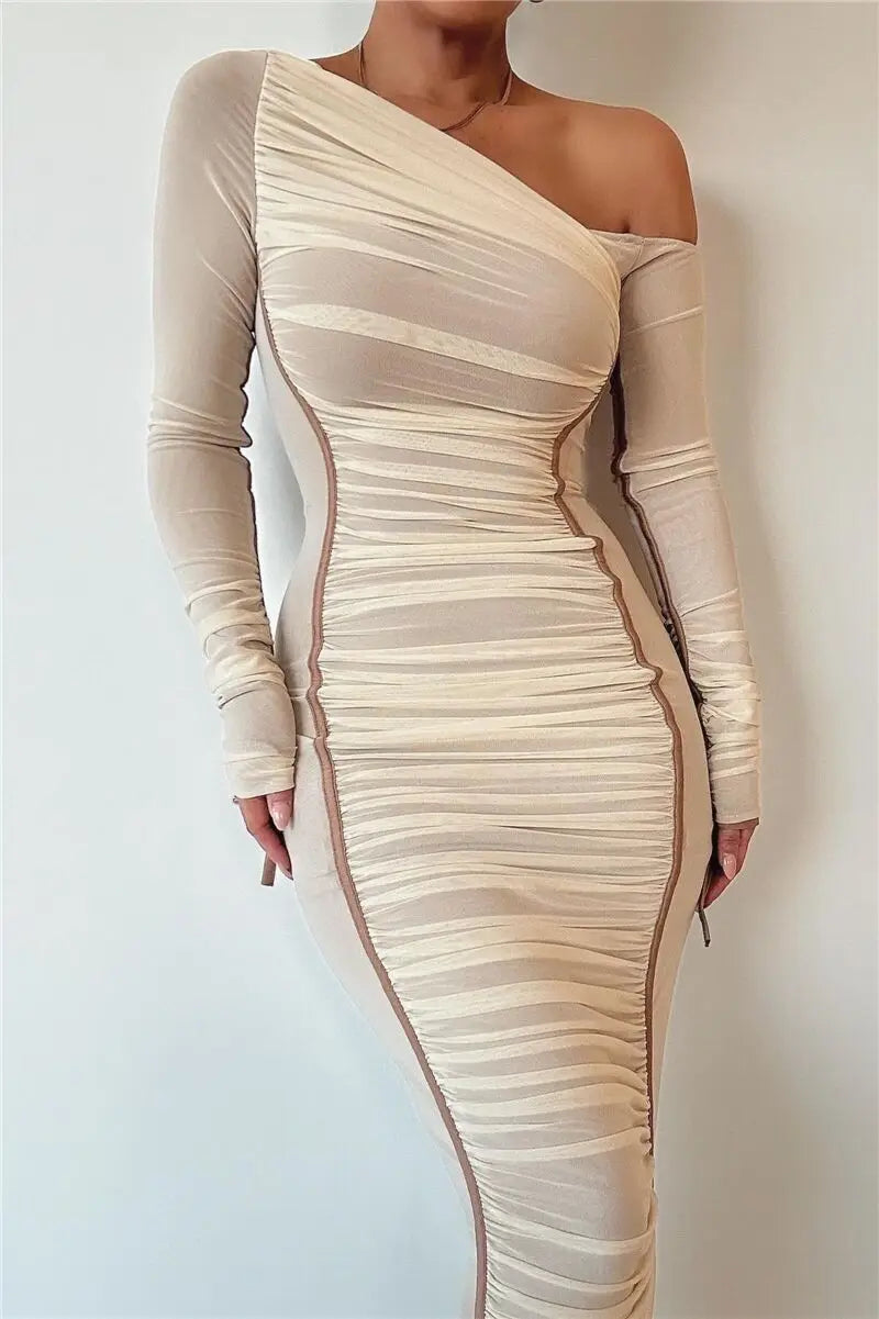 One-Shoulder Contour Mesh Dress