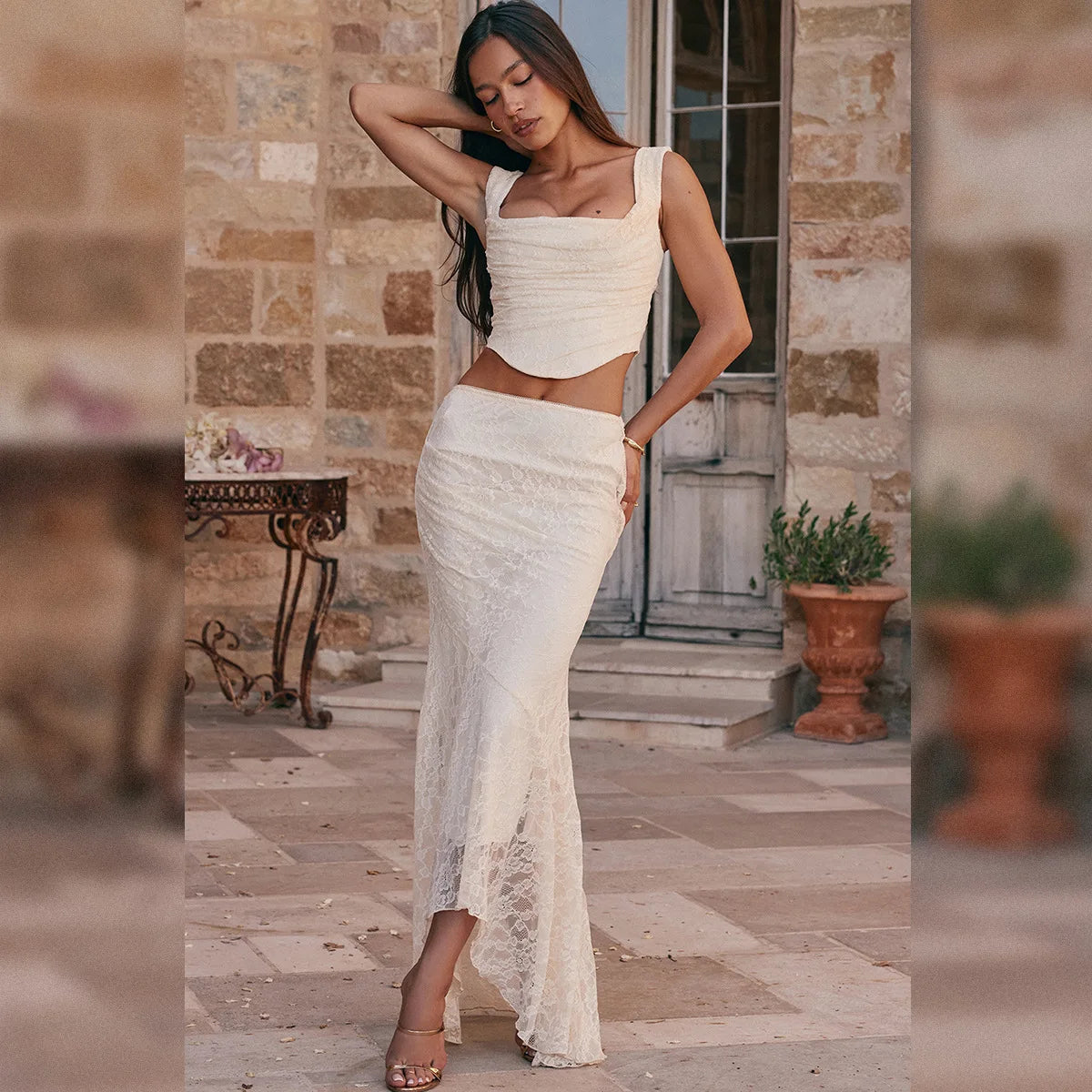 Lace Ruched Two-Piece Maxi Dress
