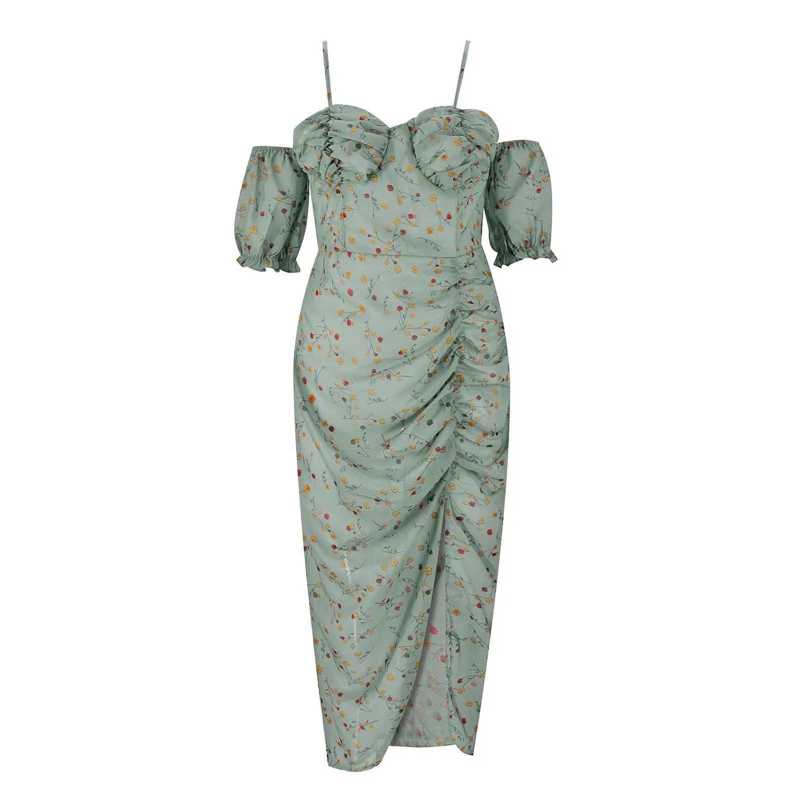 Floral Ruched Off-Shoulder Midi Dress