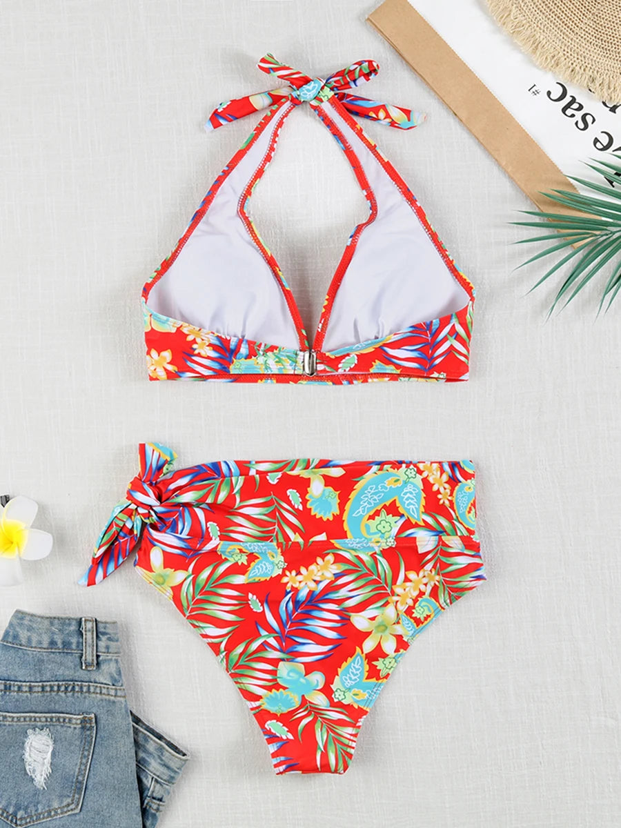 Swirl High-Waist Halter Bikini Set