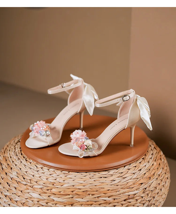 Floral Bow Ankle Strap Heels