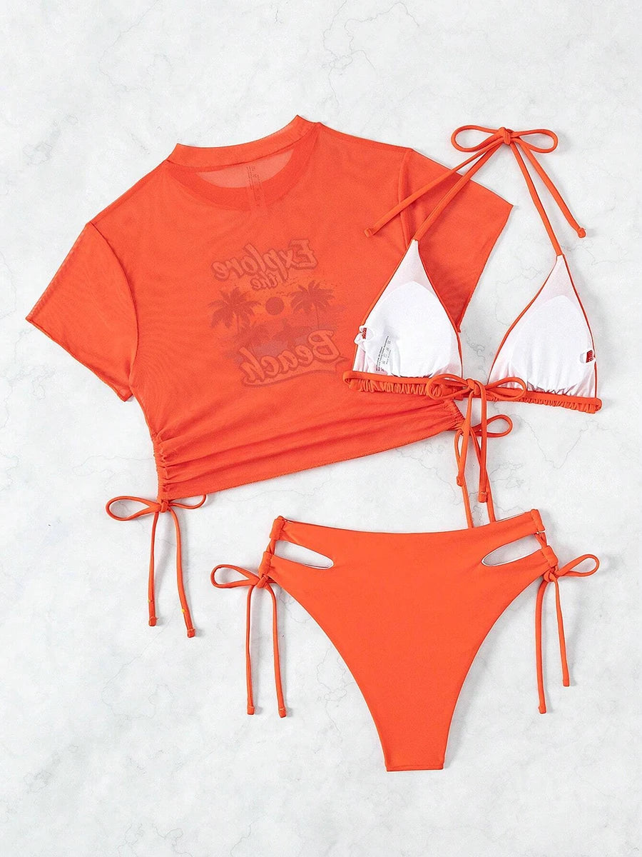Mesh Crop Top Bikini Set