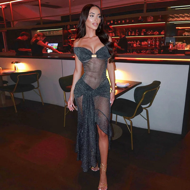 Sheer Glitter Cutout Maxi Dress