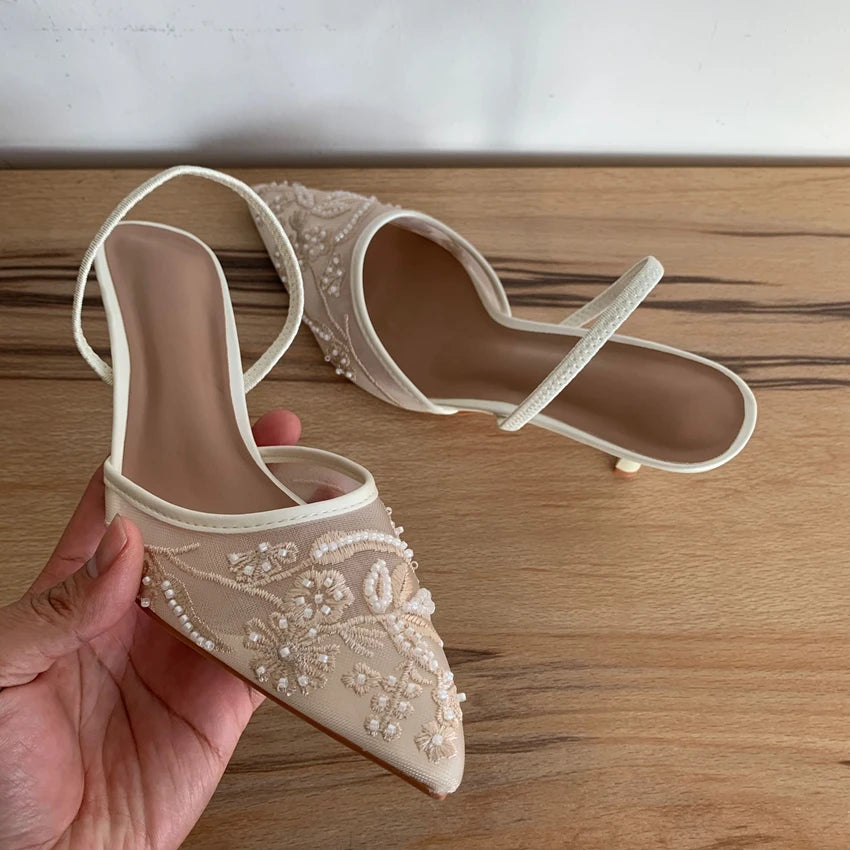 Embroidered Slingback Kitten Heels