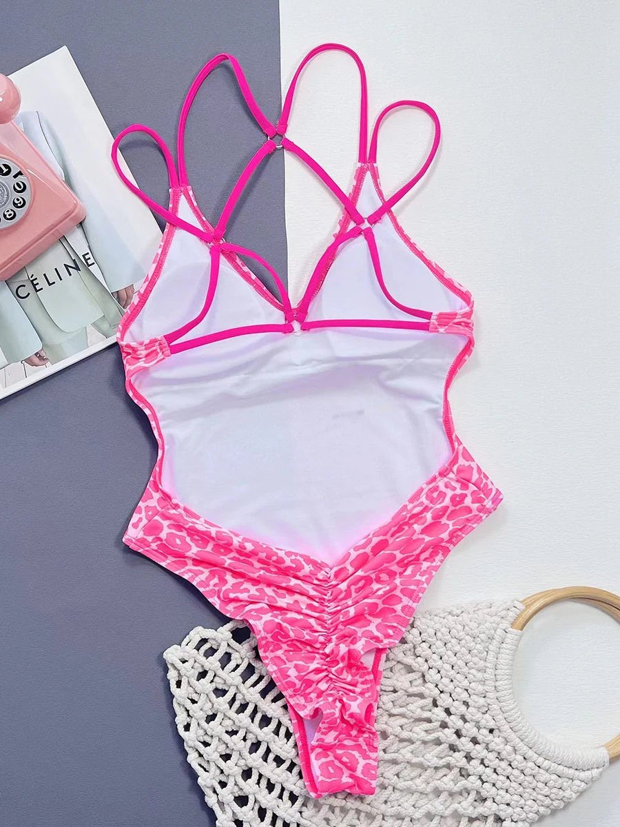 Leopard Print V-Neck One-Piece Swimsuit