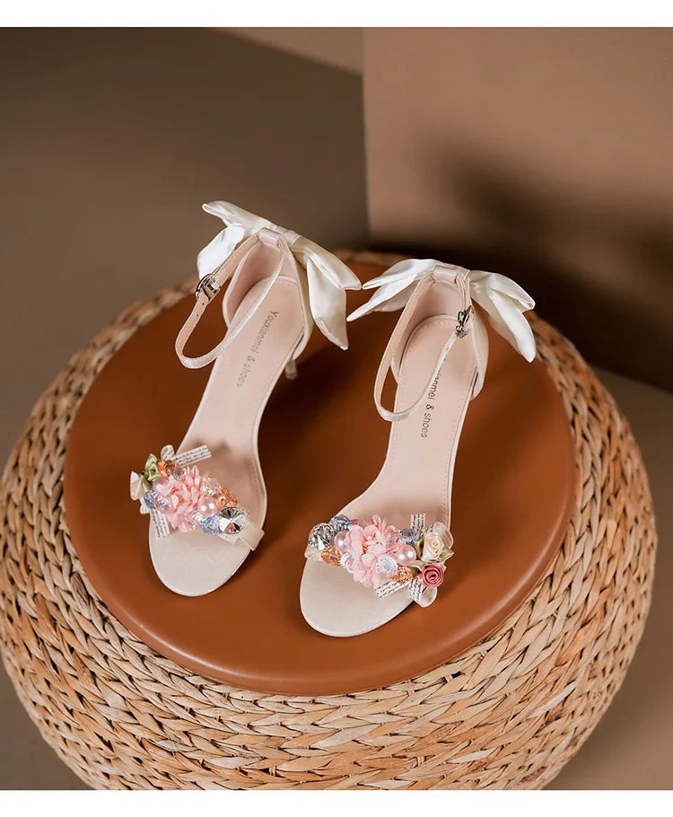 Floral Bow Ankle Strap Heels