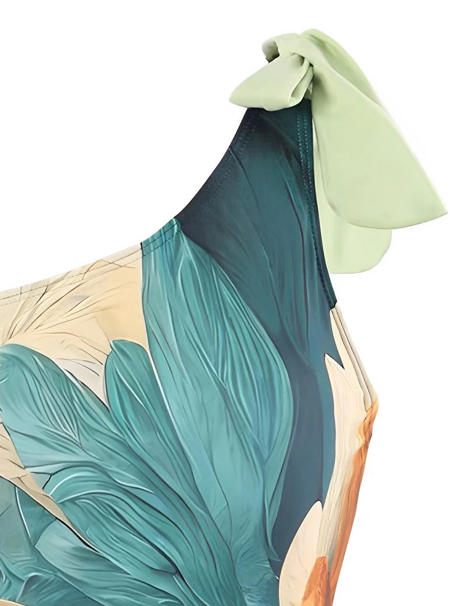 One-Shoulder Tropical Print Skirt Set