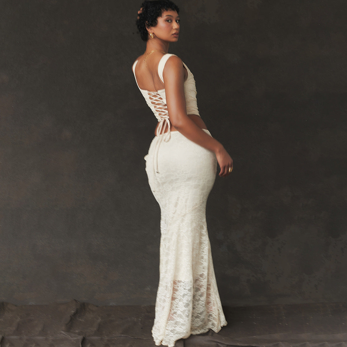 Lace Ruched Two-Piece Maxi Dress