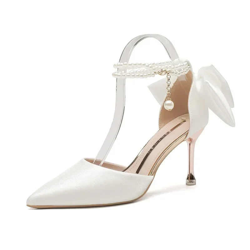 Satin Pearl Bow Stiletto Heels
