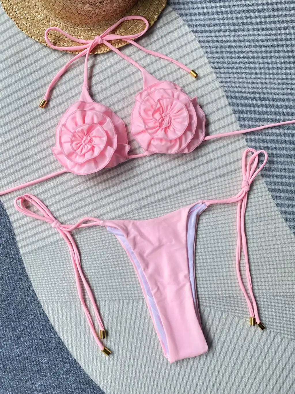 Floral Appliqué Strappy Bikini Set