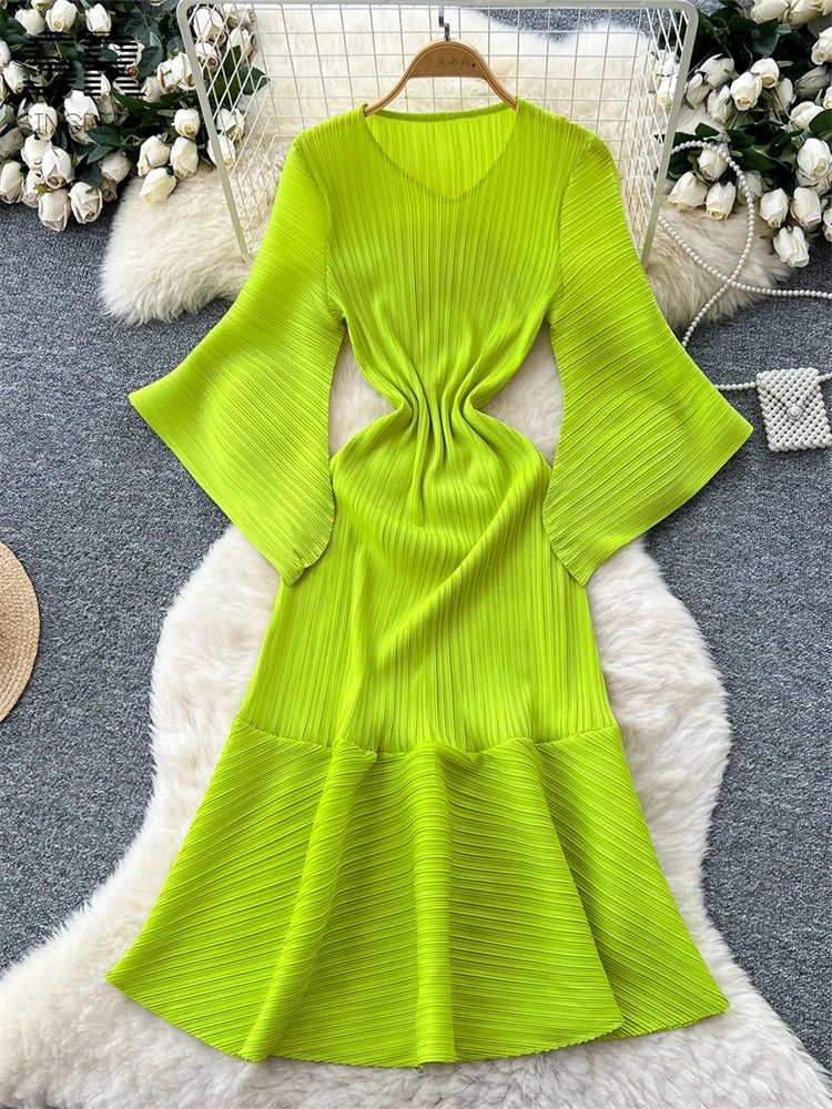 Pleated Flare Sleeve Midi Dress