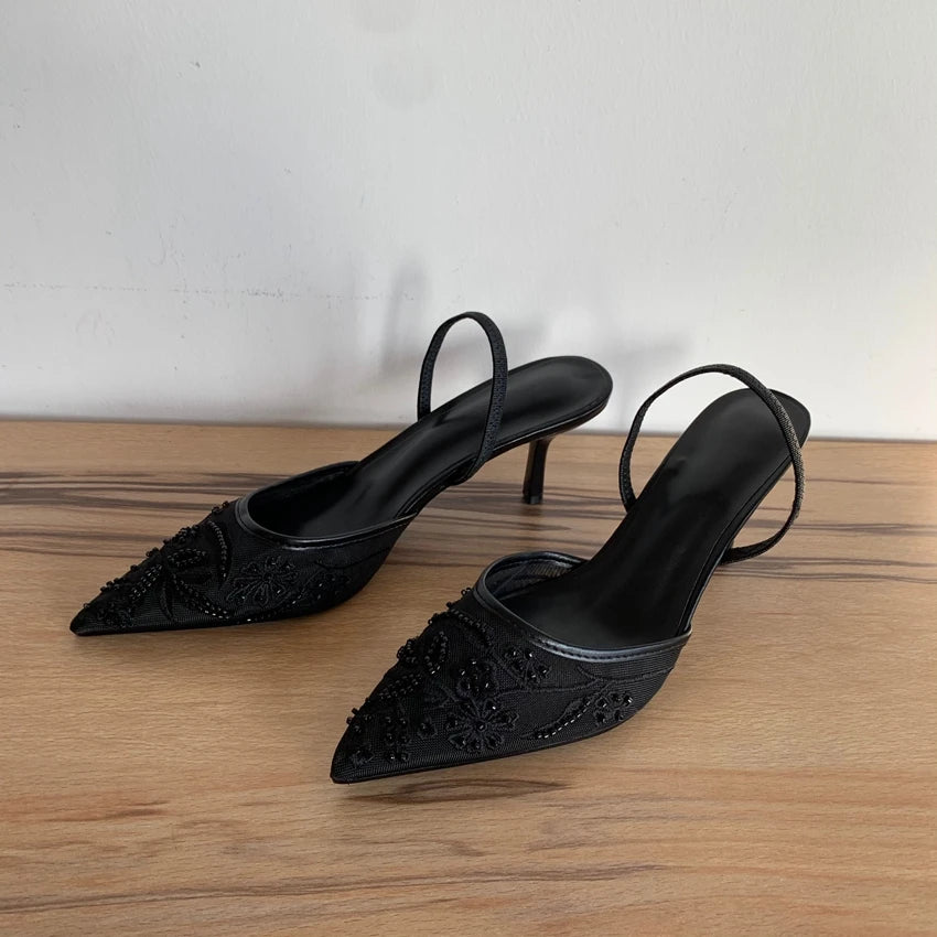 Embroidered Slingback Kitten Heels