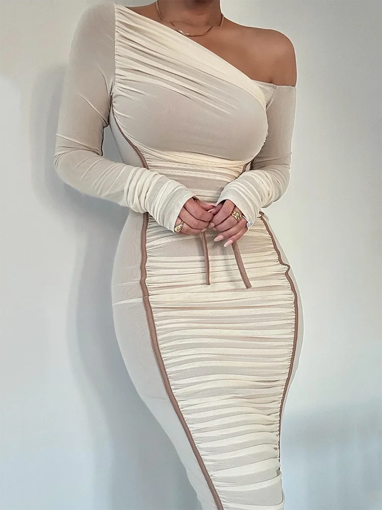 One-Shoulder Contour Mesh Dress