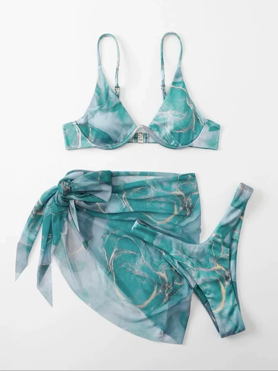 Marble Print Bikini with Sarong