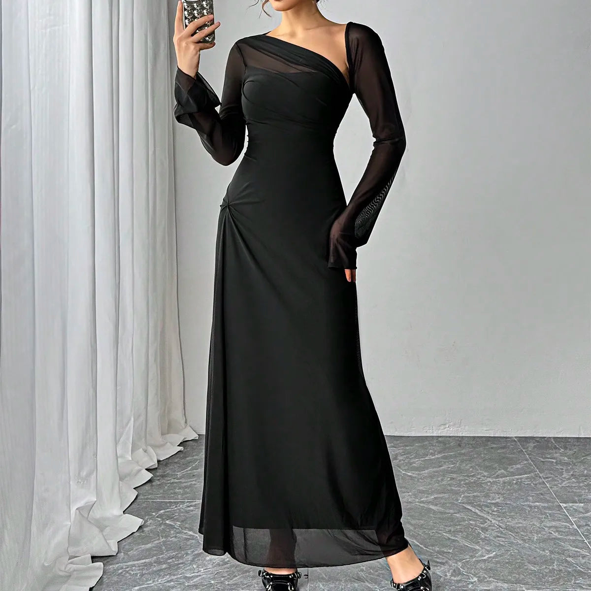 Asymmetrical Sheer Sleeve Evening Gown