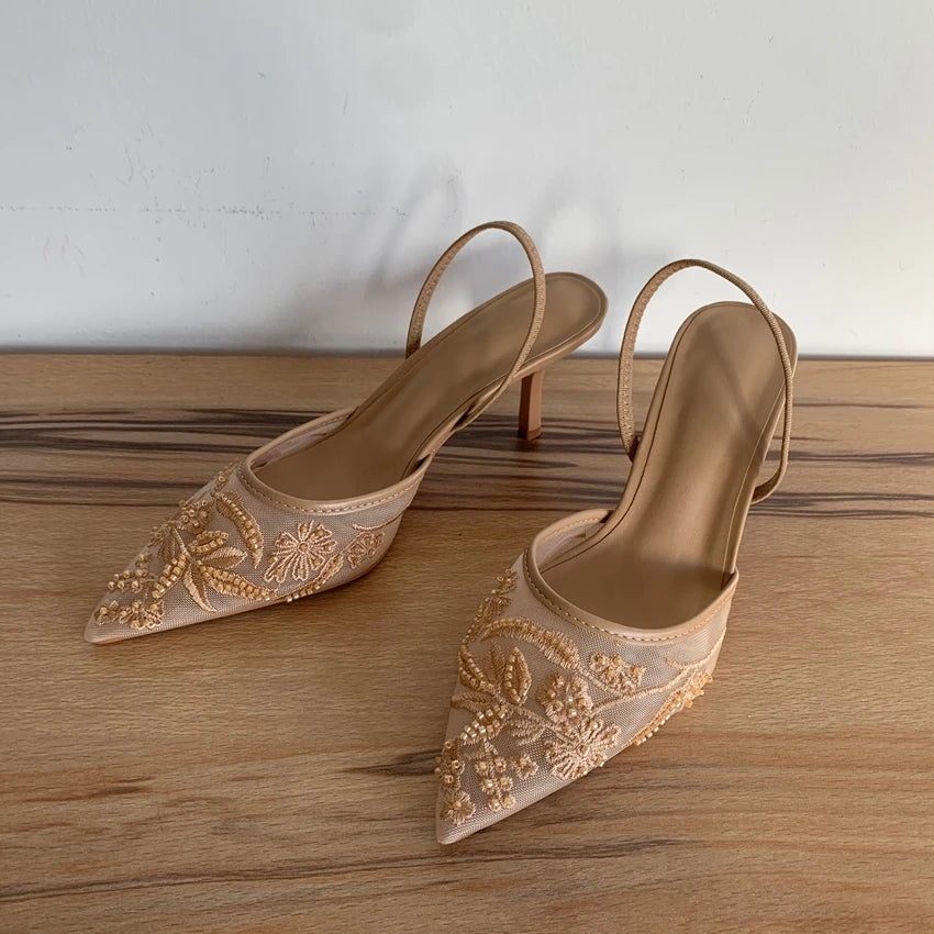 Embroidered Slingback Kitten Heels