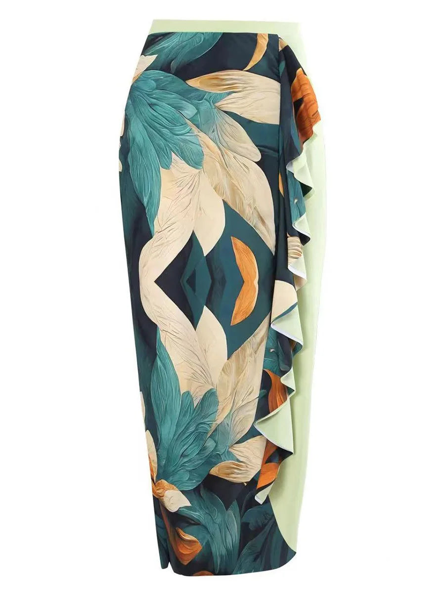 One-Shoulder Tropical Print Skirt Set
