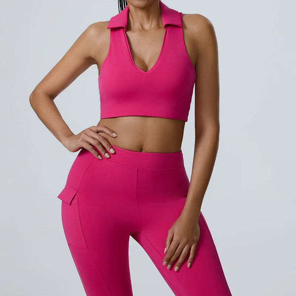 Collared V-Neck Crop Top & Pocket Leggings Set