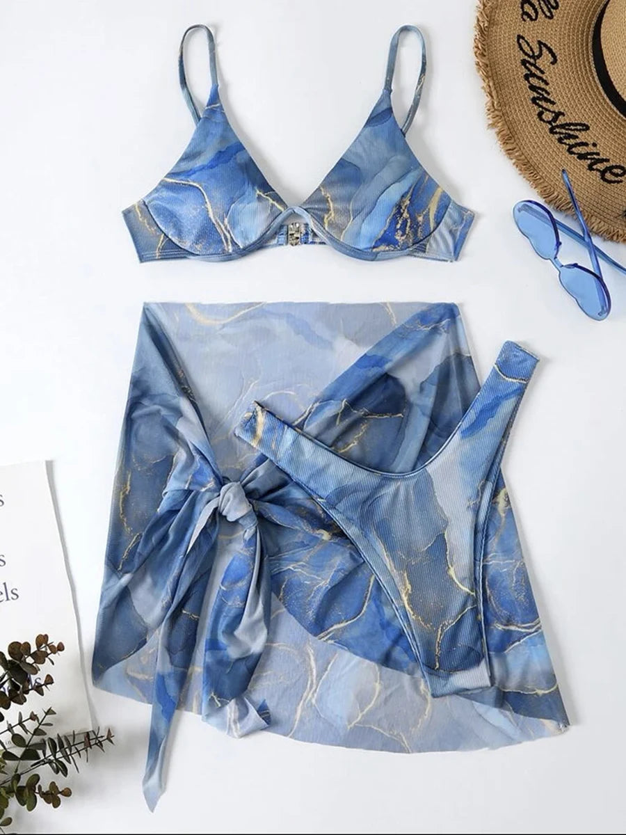Marble Print Bikini with Sarong