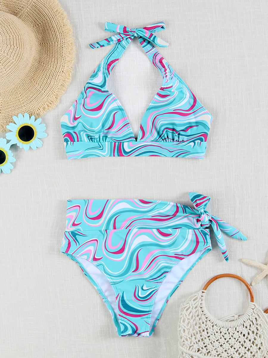Swirl High-Waist Halter Bikini Set