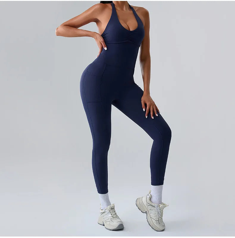 Halter Neck Pocket Athletic Jumpsuit