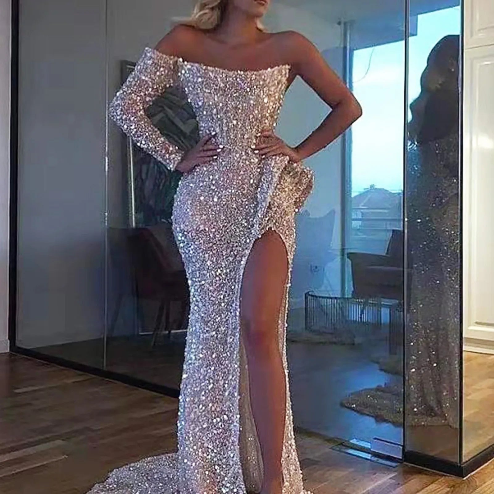 Off-Shoulder Sequin Evening Gown