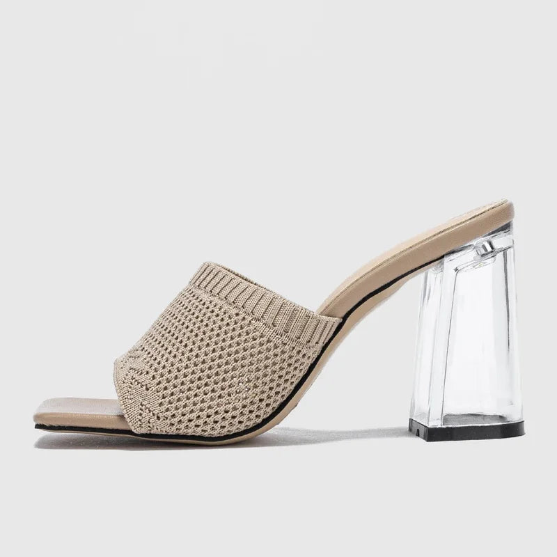 Clear Block Heel Knit Sandals