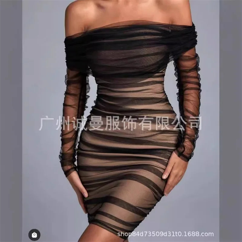 Off-Shoulder Mesh Ruched Bodycon Dress
