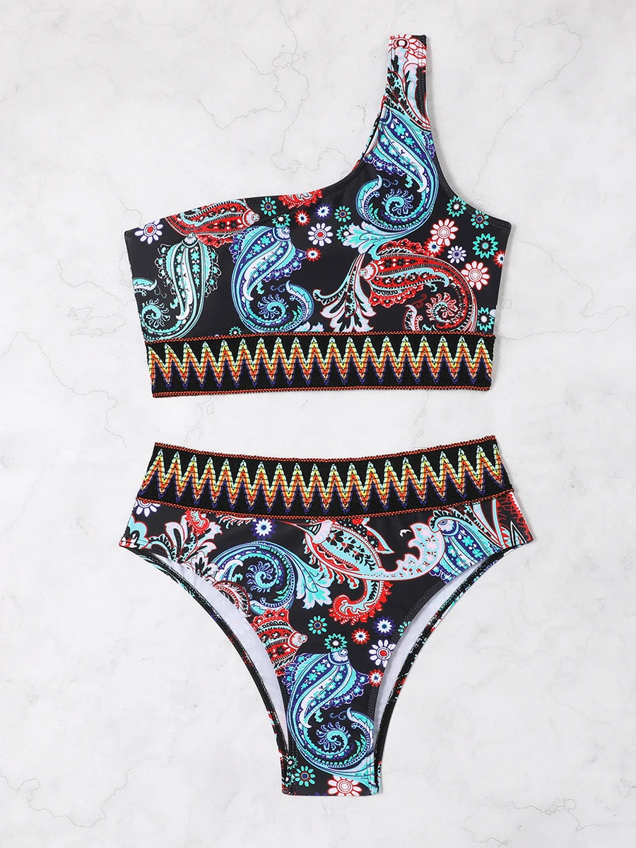 Paisley One-Shoulder Bikini Set