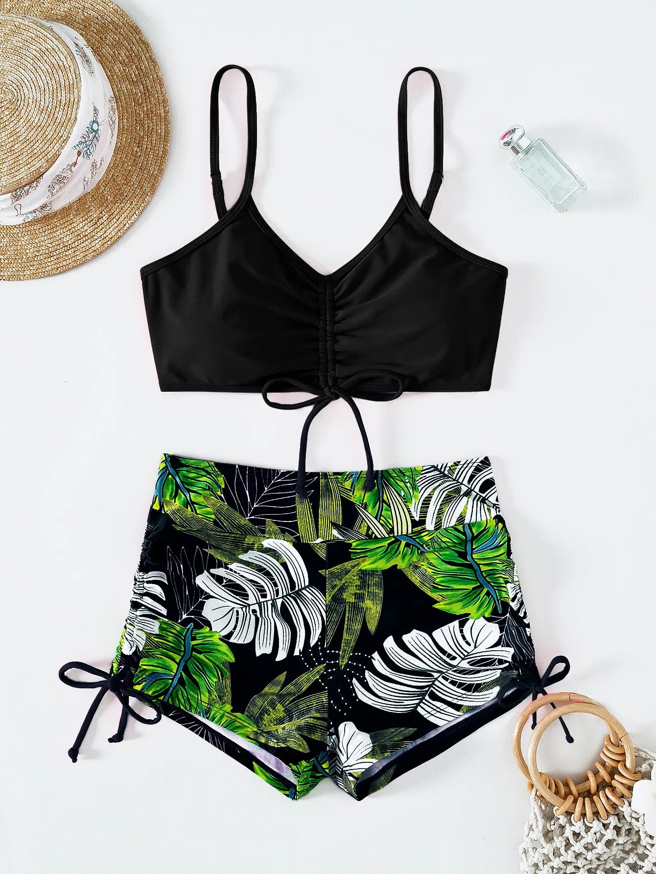 Striped Drawstring Bikini Set with Shorts