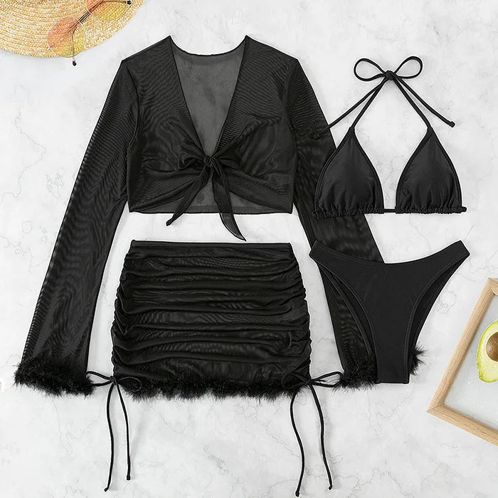 Sheer Feather Trim Bikini Cover-Up Set